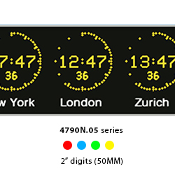 4790N.05 world time zone wall clock displays with 50mm (2") digits and analogue seconds markers